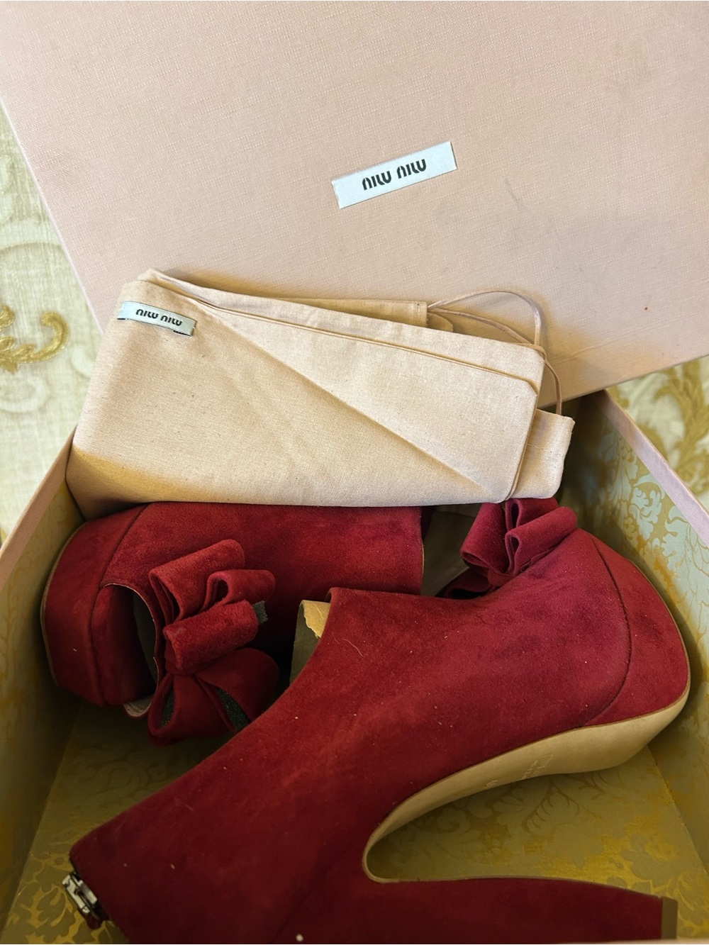 Miu Miu Burgundy Suede Peep-Toe Platform Heels with Bow - Picture 5 of 7